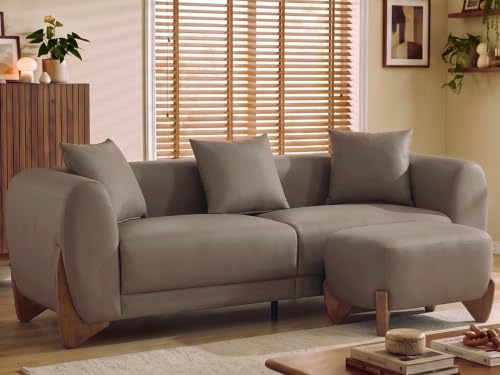 Image of 87 inch Faux Leather Cloud Couch with Ottoman, Modern 3 Seater Sofa with Solid Wood Legs 25 inch Extra Deep Seat Comfy Thick Cushion Upholstered Sofa Couches with 3 Pillows for Living Room, Tan
