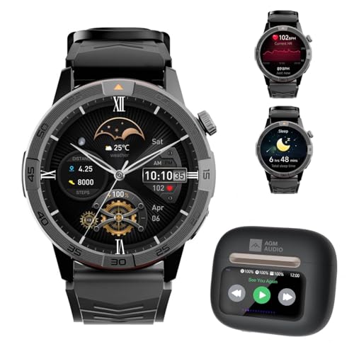 AGM Legion Pro mit Kopfhörer,Militär Uhr Herren mit GPS und Offline-Karten, 1,43" AMOLED, 5ATM Wasserdicht Robuste Outdoor Sportuhr, Fitnessuhr mit Anruffunktion für Android iOS, 2 Armbänder