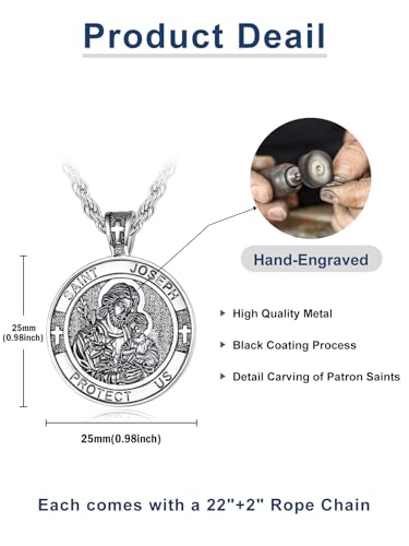 Patron Saint Medals, Silver Protection Jewelry, Catholic Christian Religious Gifts for Men with 22"+2" Rope Chain2