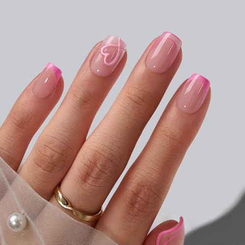 BTArtbox French Tip Press On Nails - A Little Romance Lamp-Curable 4-Week Wear Hot Pink Short Square Press On Nails with Glue and Adhesive Tabs Easy-to-Apply in 16 Sizes - 32 Nails All-in-One Kit