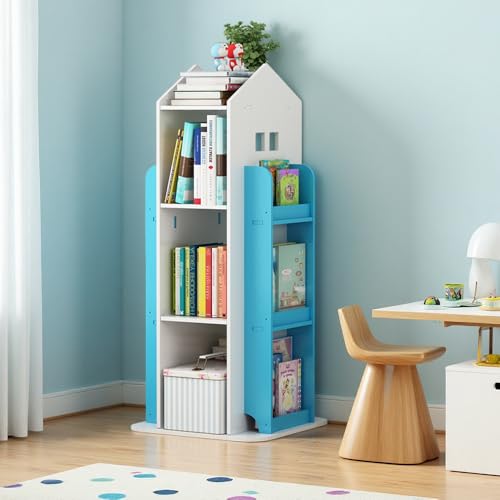 Kids Rotating Bookcase 360 Spin 3-Tier Interactive Bookshelf for Childrens Room Playroom Corner Floor Standing Organizer for Toys & Books Living Room Study (Blue)