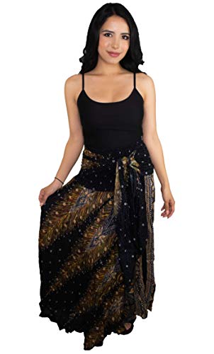 Happy Trunks Women's Boho High Waisted Long Maxi Skirt | Loose Flowing Bohemian Hippie Style Gypsy Wrap | Great for Traveling, Summer, & Festivals (Large-XLarge, Black Peacock)