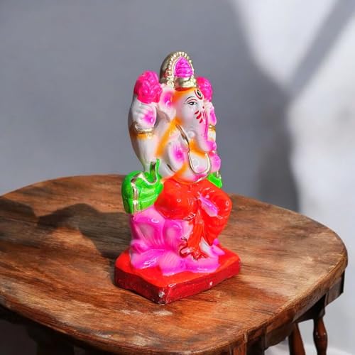Image of SAUDEEP INDIA 6 Inch Colored Mitti Ganesh Idol for Ganesh Chaturthi | Eco-Friendly Handcrafted Clay Ganpati Murti for Visarjan | Biodegradable Painted Ganesha Statue for Home Decor & Pooja