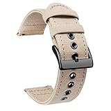 【Seleccione el Ancho Adecuado】 Esta correa de reloj de algodón está disponible en 4 colores (negro, caqui, azul, verde militar), 4 anchos (18mm, 20mm, 22mm, 24mm) y dos colores de hebilla de acero inoxidable (negro, plateado). Compatible con cualquier reloj que use barras de resorte estándar, mida el ancho de la orejeta de su reloj o la correa actual para confirmar el tamaño correcto.