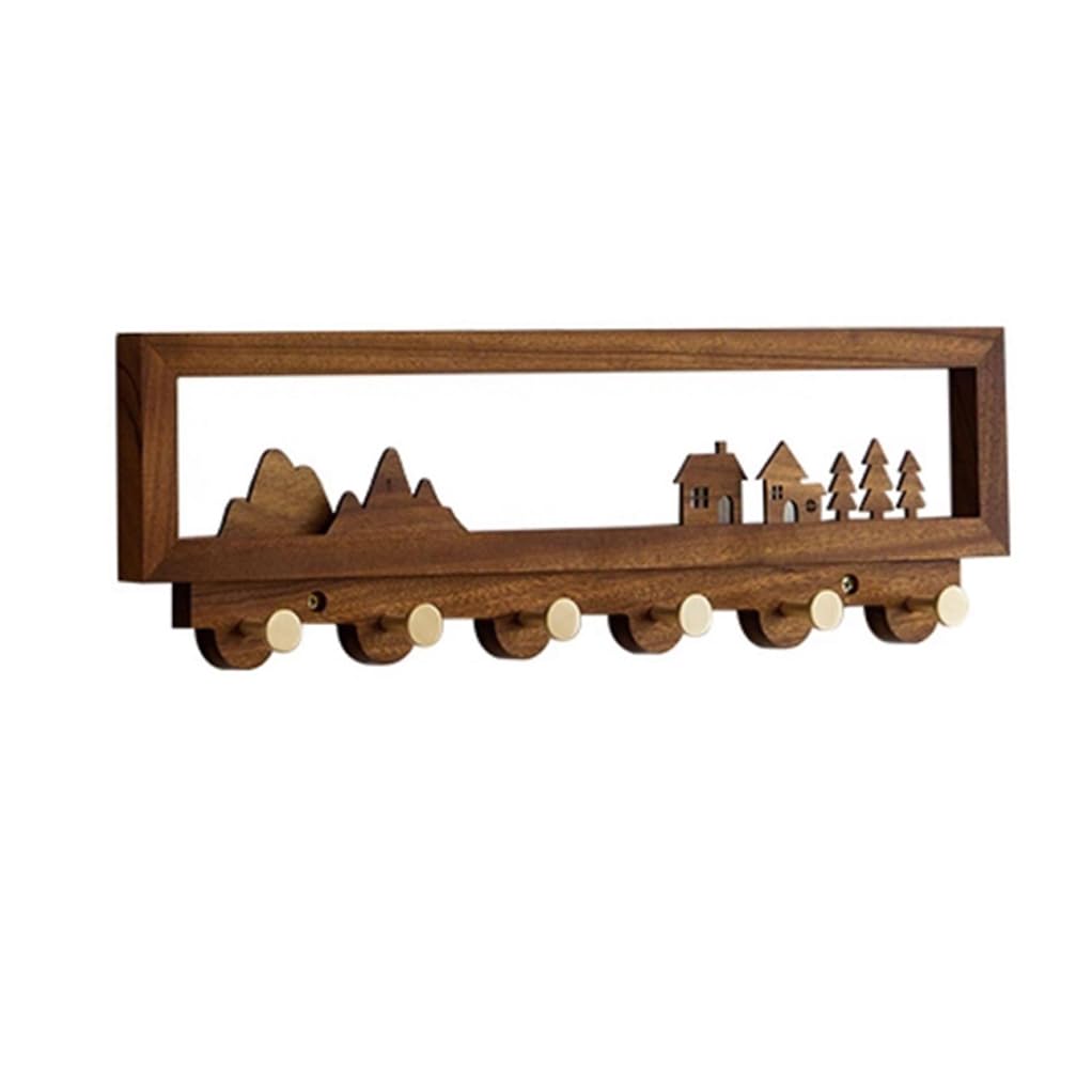 ZHOUXIAO Wood Coat Rack with Brass Hook Wall Mount,Walnut Wood Coat Hooks Hanger 6hook