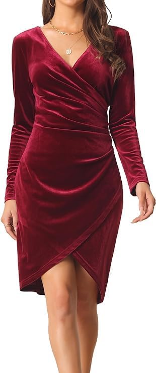 Women's V Neck Wrap Sexy Velvet Long Sleeve Elegant Bodycon Ruche...