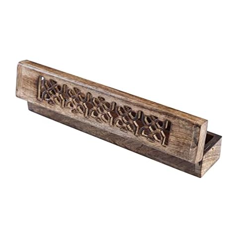 Handy Kala Wooden Incense Stick Holder/Burner - Traditional Carved Wood Ash Catcher with Brass Inlays and Lid for Aromatherapy, Meditation, Yoga - Home, Spa, Office Decor Cover