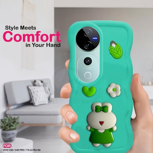 Image of AESTMO Back Case Cover for Vivo V40 / V40 Pro / T3 Ultra 5G | 3D Cute Fun Cartoon Characters | Anti Slip Grip Cute Wave Curly Frame Shape | Full Body Protection Back Cover (MintGreen)