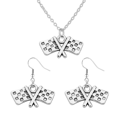 Wcrazye Checkered Flag Earrings And Necklace Set For Women Personalized Geometric Striped Checkered Dangle Drop Earrings Racing Flags Pendant Chain Necklace Race Car Dirtbike Motocross Gifts For Racers Racing Fans cover