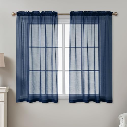 Image of Navy Blue Sheer Curtains 54 Inch Length, Privacy Semi Sheer Curtains for Dining Room Kitchen, Light Filtering Rod Pocket Voile Window Drapes 2 Panels Set, Each 42 inch W x 54 inch L