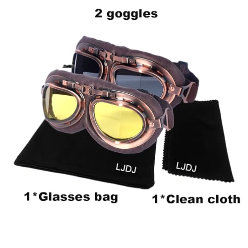 Image of LJDJ Motorcycle Goggles, 2 Pack Vintage Pilot Style Riding Goggle Burning Man Goggles for Men Women Youth Adult