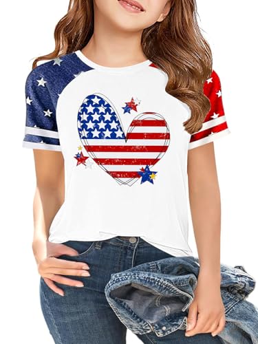 Image of CAZYCHILD Girls 4th of July USA Shirt American Flag Patriotic T-Shirt Independence Day Outfit for Kids 5-14Years