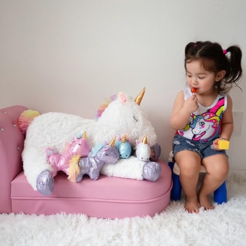 MorisMos Mamá Peluche Unicornio Blanco con 4 Bebés en el Vientre, 55cm Unicornio Juguete de Peluche Kawaii Suave, Unicornio Regalo para Niña Niño Bebe Cumpleaños Navidad