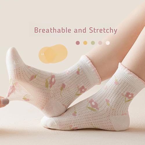 2-12 Years Toddler Girl Ruffle Socks Soft Breathable Stretch Seamless Mesh Thin Socks Summer 5 Pairs4