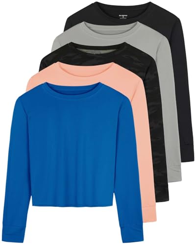 5 Pack: Womens Crop Top High Waist Quick Dry Fit Active Wear Yoga Workout Athletic Clothes Running Gym Exercise Ladies Long Sleeve Crew Scoop Neck Moisture Wicking Tees T-Shirt Winter - Set 3, M