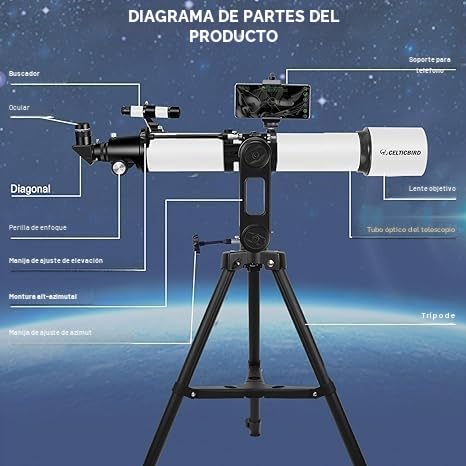CELTICBIRD Telescopio de 90 mm, Apertura de 700 mm para Adultos Principiantes en astronomía – Telescopio Refractor astronómico portátil Totalmente Multicapa de Alta transmisión, Montura AZ.