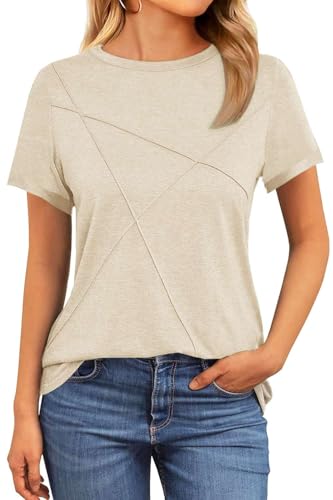 NAIOSS Damen Tshirt Kurzarm Elegant Oberteile Sommer Rundhals Baumwolle Shirts Casual Tops(Beige/M)
