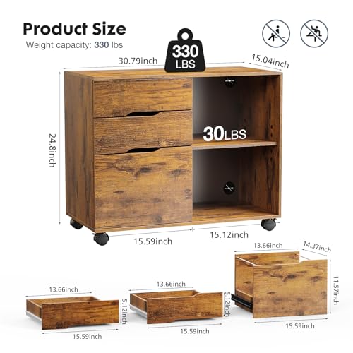 Image of DUMOS File Cabinet with 3 Drawers, Wood Under Desk Storage Printer Stand | Rolling Lateral Filing Cabinet with Adjustable Shelves for Home Office Study Organization,Rustic