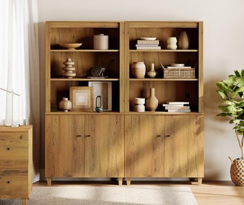 Image of WAMPAT 71 inch Tall Bookcase with Doors & Storage Cabinet, 2 Column Modern 5-Tier Bookshelf with Adjustable Shelf, 71 inch Wide Wooden Display Book Shelf for Home Office, Living Room, Bedroom, Oak Brown