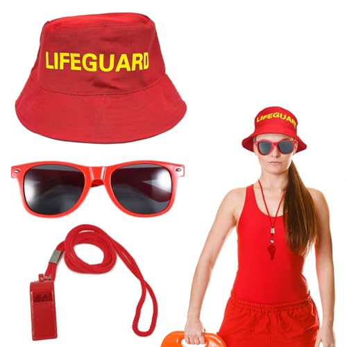 UILYNIU 3 Pièces Costume de Sauveteur, Accessoires de Sauveteur avec Casquette Visière Rouge Sifflet Lunettes de Soleil, Carnaval Chapeau per Adultes Homme...