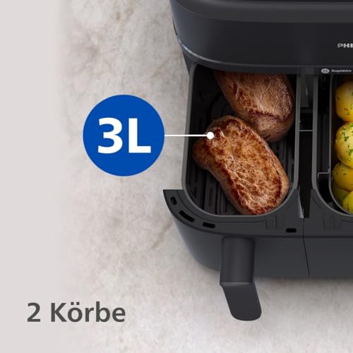 Philips Steam Airfryer 5000 Series Dual Basket - Airfryer & Dampfgarer in einem Gerät, 9L, RapidAir Plus Technologie, 19 Kochfunktionen, 90% weniger Fett, 2 Körbe, Dampfreinigung (NA550/00) – Bild 5