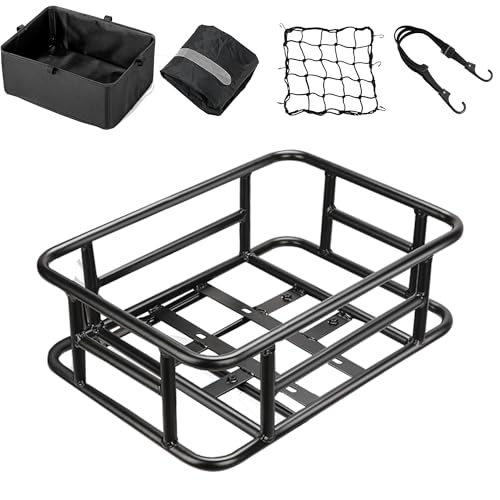 YONTUO Bike Basket Rear with Liner Large Bicycle Basket with Waterproof Cover Bicycle Rear Basket with Cargo Net and Elastic Bungee Cord for Electric Bike