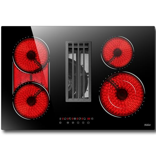 Hobsir Plaque de cuisson à induction, avec hotte aspirante, 77 cm - 7100 W, 4 plaques vitrocéramiques, autosuffisantes, 9 niveaux de puissance, sécurité...