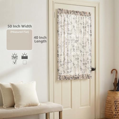 Image of jinchan Floral French Door Curtain Panel Farmhouse Decor Light Filtering Linen with Tie Up Bow for Glass Door or Patio 40 Inch Length Rod Pocket 1 Panel Black on Linen