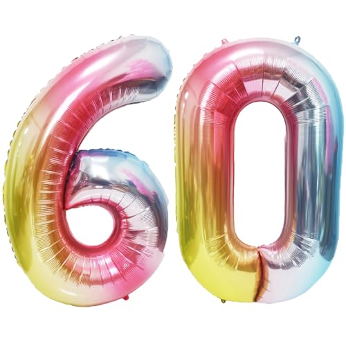Image of Rainbow Number Balloons Birthday Balloons - Giant Number 60 Balloon 40 inch, Numbers Balloon Birthday Decorations, Rainbow Party Supplies for Baby Shower