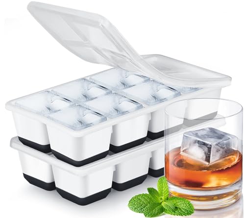 Large Ice Cube Trays with Lid Jrisbo 2 Pack Stackable Silicone Ice Cube Molds for Freezer Easy Release 16 Big Square Ice Trays for Whisky Cocktails (Black)