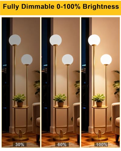 Image of Lightdot 63IN Gold Floor Lamp with Table 2 Globe Mid Century Standing Lamps with 3000K LED Bulbs Unique U-Pole Vintage Floor Lamp with 5Lbs Heavy Base for Living Room /Party /Sofa Beside /Corner Decor