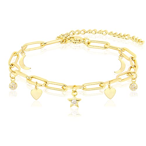 Sm Stainless Steel Adjustable Link Chain Cubic Zirconia Moon & Star Charm Bracelets For Women (Star Cz - Gold, 6 Inches + 2 Inches) #TOP19