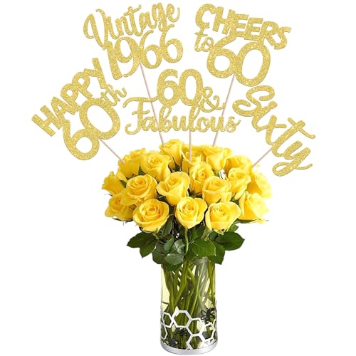 Image of 15 PCS 60th Birthday Centerpiece Sticks Sixty Happy 60th Vintage 1966 Table Flower Centerpieces Sticks Cheers to 60 Fabulous Floral Decorations for 60th Birthday Party Centerpieces Supplies Gold