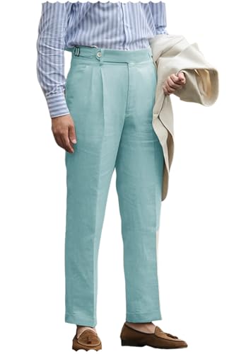 Men's High Waist Linen Dress Pants Slim Fit Flat Front Lightweight Summer Trousers