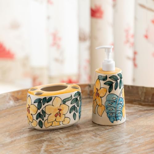 Image of ExclusiveLane 'Eden Bloom' Hand-Painted Ceramic Bathroom Accessories Set of 2 (Liquid Soap Dispenser for Wash Basin, Paste & Toothbrush Holder) |Handwash Dispenser |Bathroom Organiser Set