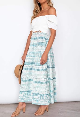 Image of Annebouti Womens Spring Summer Boho Elastic Long Skirts High Waist Pleated A Line Tiered White or Black Maxi Skirt