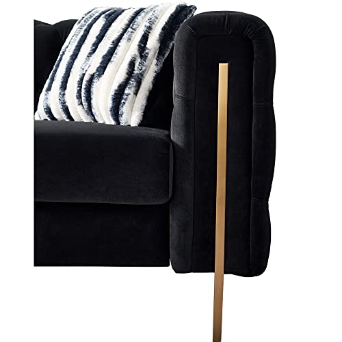 Image of KEIKI 84 inch Chesterfield Velvet Tufted Button Sofa with Removable Cushions and 2 Toss Pillows, Modern 3-Seater Couch with 4 Gold Metal Legs, Easy Assembly, for Living Room, Bedroom, Apartment, Black