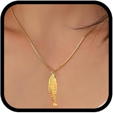 Fish Necklace For Women, 14k Gold-Plating Stainless Steel Y2k Seafish Pendant Vintage Box Chain Choker Charm Non Tarnish Statement Jewelry Gift