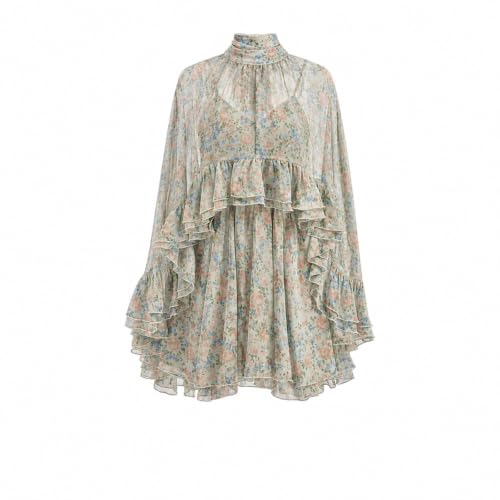 ENGWO Women’s Semi Sheer Chiffon Ruffle Dress with Outer Cape, Poncho Sleeve Flowy Mini Dress, Loose Fit Elegant Summer Dress (X-Large,Beige Floral)