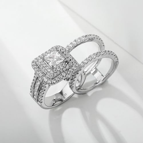 Jeulia 3 PC Enhancer Ring Set for Women 925 Sterling Silver Princess Cut Diamond Engagement Rings Cubic Zirconia Halo Solitaire Wedding Rings Anniversary Promise Rings for Her with Jewelry Box (Silver, 10.5)2