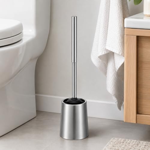 Image of SUS304 Stainless Steel Toilet Brush and Holder Hard Bristles Bathroom Brush Head Toilet Cleaner for Bowl Bathroom Cleaning Brush Caddy with Oily Coating Brushed Chrome