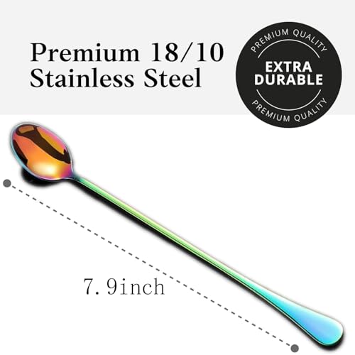 Image of Long Handle Iced Tea Spoons, 18 /10 Stainless Steel Cocktail Stirring Spoons with Thickened Ergonomic Handle, Tall Coffee & Latte Stirrers, Dessert Spoon Set, Dishwasher Safe