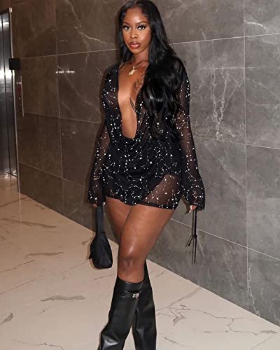Image of Women's Sexy Long Sleeve Two 2 Pieces Outfits Sheer Mesh Mini Dress Skirt Set Top V Neck Backless Ruched Bodycon Cover Up