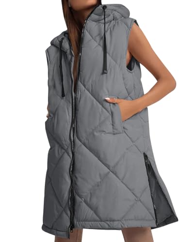 Imily Bela Weste Damen Steppweste Kapuze Vest Leichte Ärmellos Jacke Übergangs Westen Bodywarmer Längere Übergangsjacke Casual Longweste Oberbekleidung（Grau，XXL）
