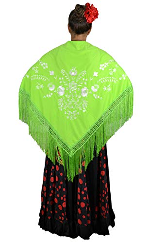 AMINA Medium Peak Shawl Triangular Flamingo or Sevillanas (170 x 70 cm) Green Embroidered White2