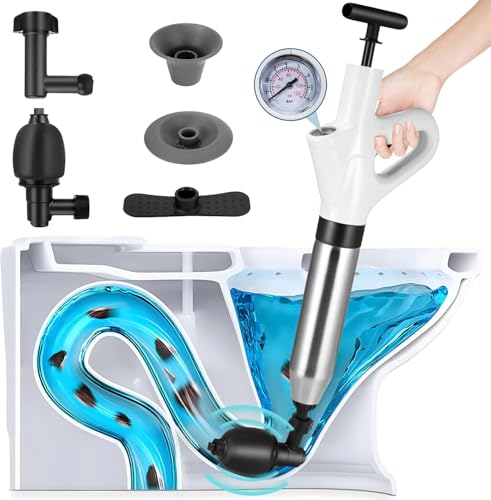 Toilet Plunger, High Pressure Toilet Unblocker, Heavy Duty Drain Unblocker Kit with A Holder and 4 Replaceable Heads for Unblocking Toilets, Sink, Shower, Bathtub, Floor, Drain And Pipe Clog (White)