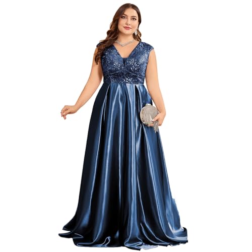Image of Plus Size Satin Mother of the Bride Formal Gown for Wedding Sleeveless V-Neck Evening Dress