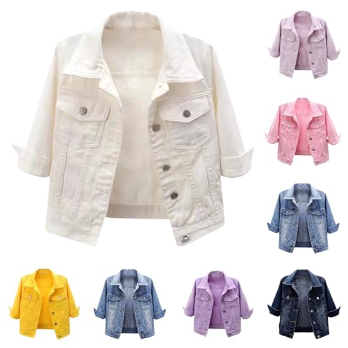 White Jean Jacket Cropped Jacket Women Trendy Short Sleeve Lapel Neck Colored Denim Shacket Button Down Bomber Trucker Jean Jackets(White X-Large)