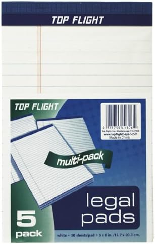 Top Flight Legal Pads, 5 x 8 Inches, .375 Inch Rule, White, 50 Sheets per Pad, 5 Pads per Pack (4513106)