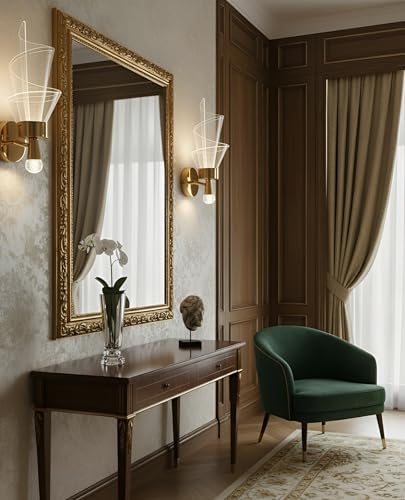 Image of Modern Dual Light Brass & Fluted Glass Wall Sconce | Decorative Wall Lamp for Home Living Room, Bedroom, Hallway & Foyer | Elegant Ambient Lighting Fixture with Dual Bulb Design